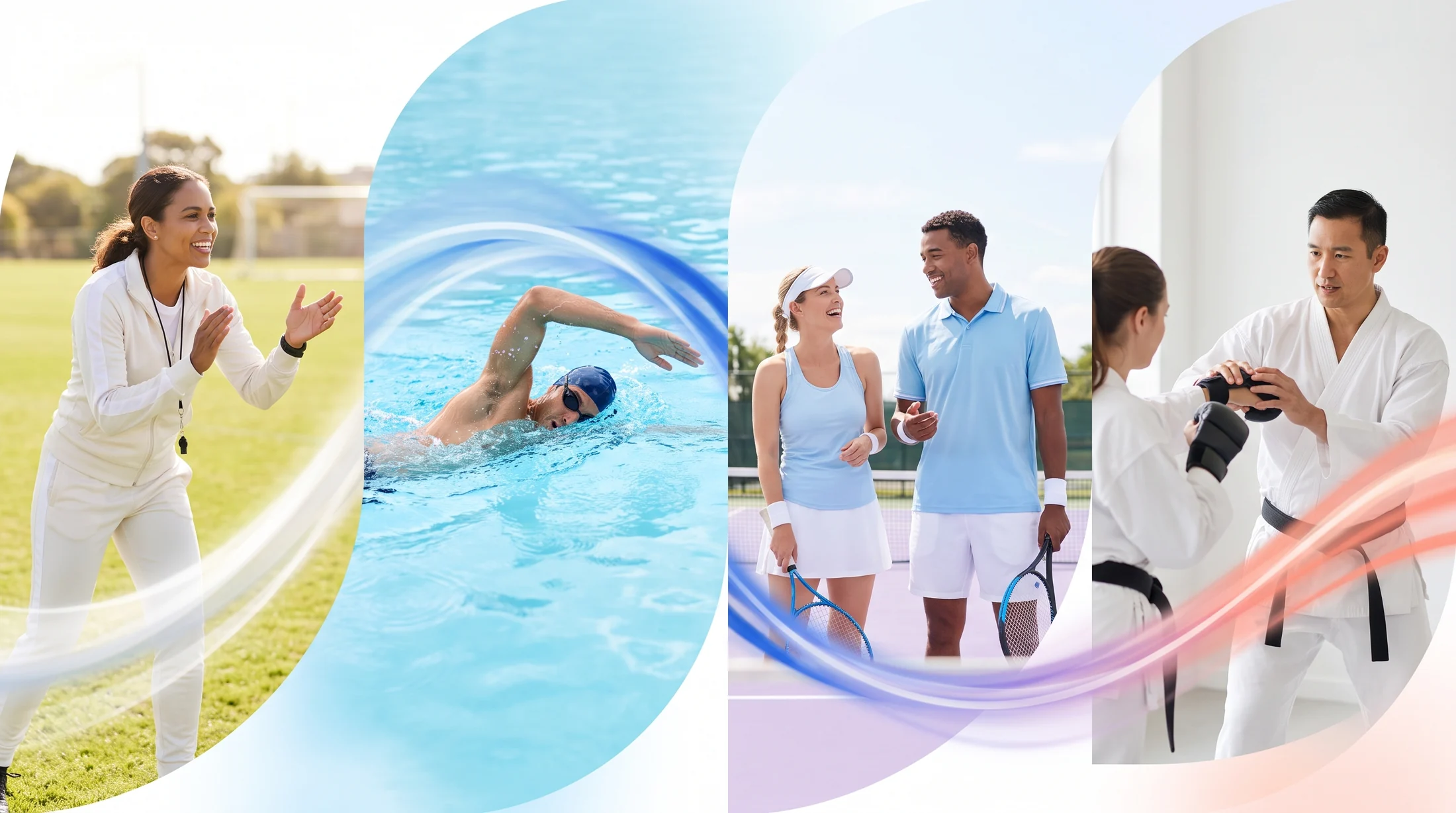 Adult coaches and athletes across field sports, swimming, tennis and martial arts in bright energetic settings