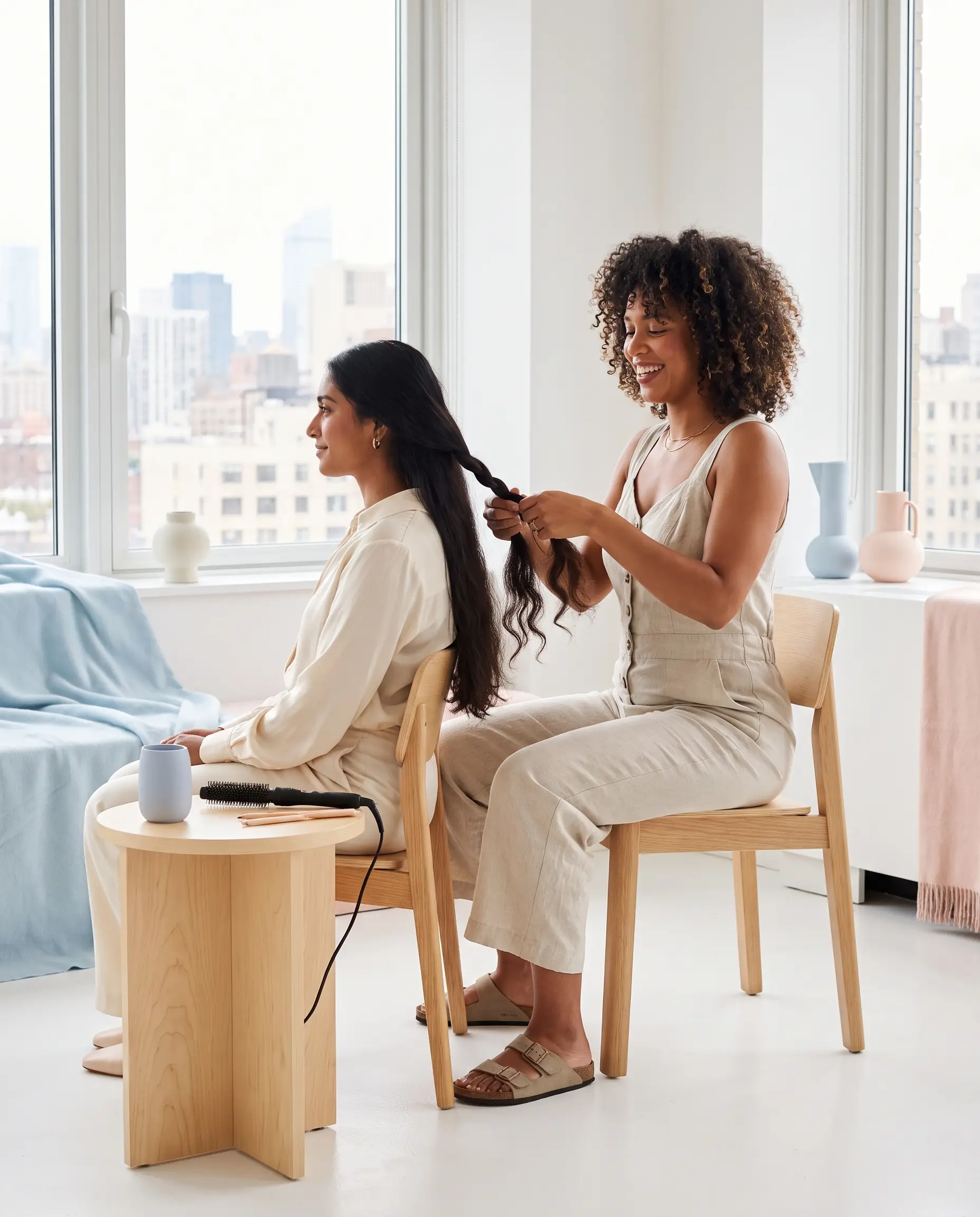 An adult hair professional braiding an adult client's hair in a bright modern studio