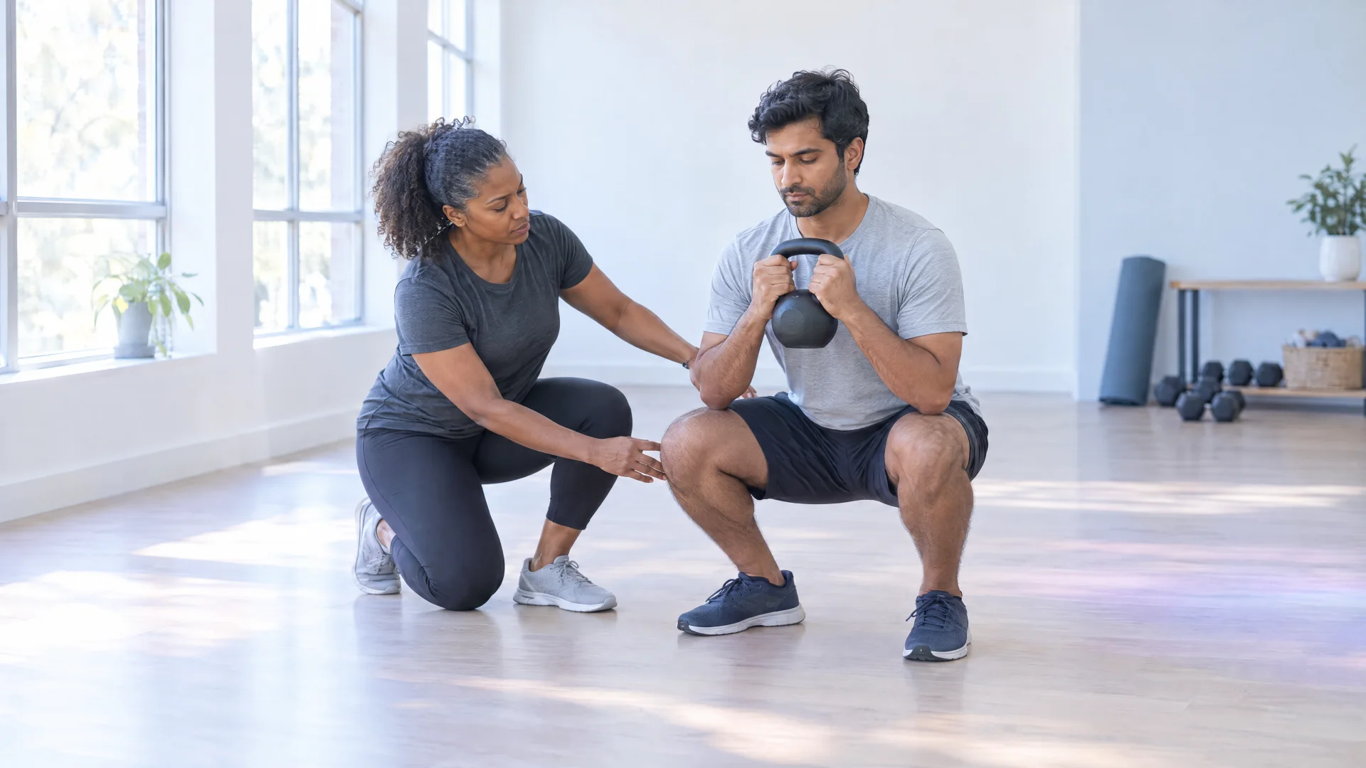 AI-generated illustration, not real people: an adult personal trainer kneels beside an adult client to correct his kettlebell squat in a bright studio