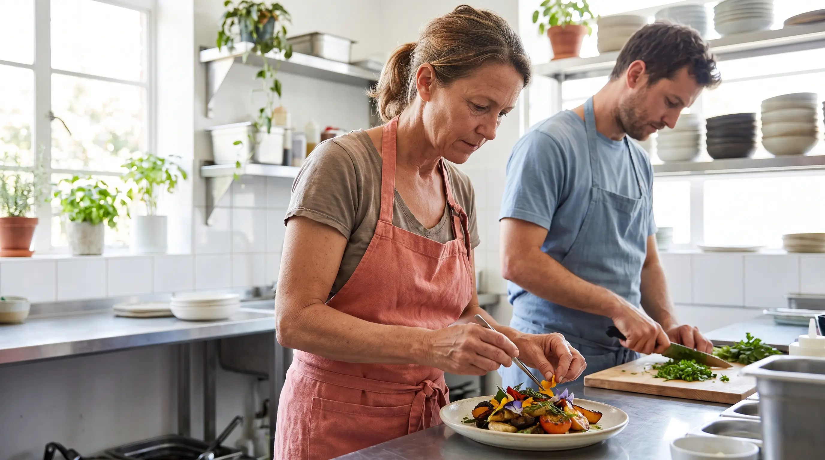 Two adult chefs preparing and finishing a colorful dish in a bright independent kitchen