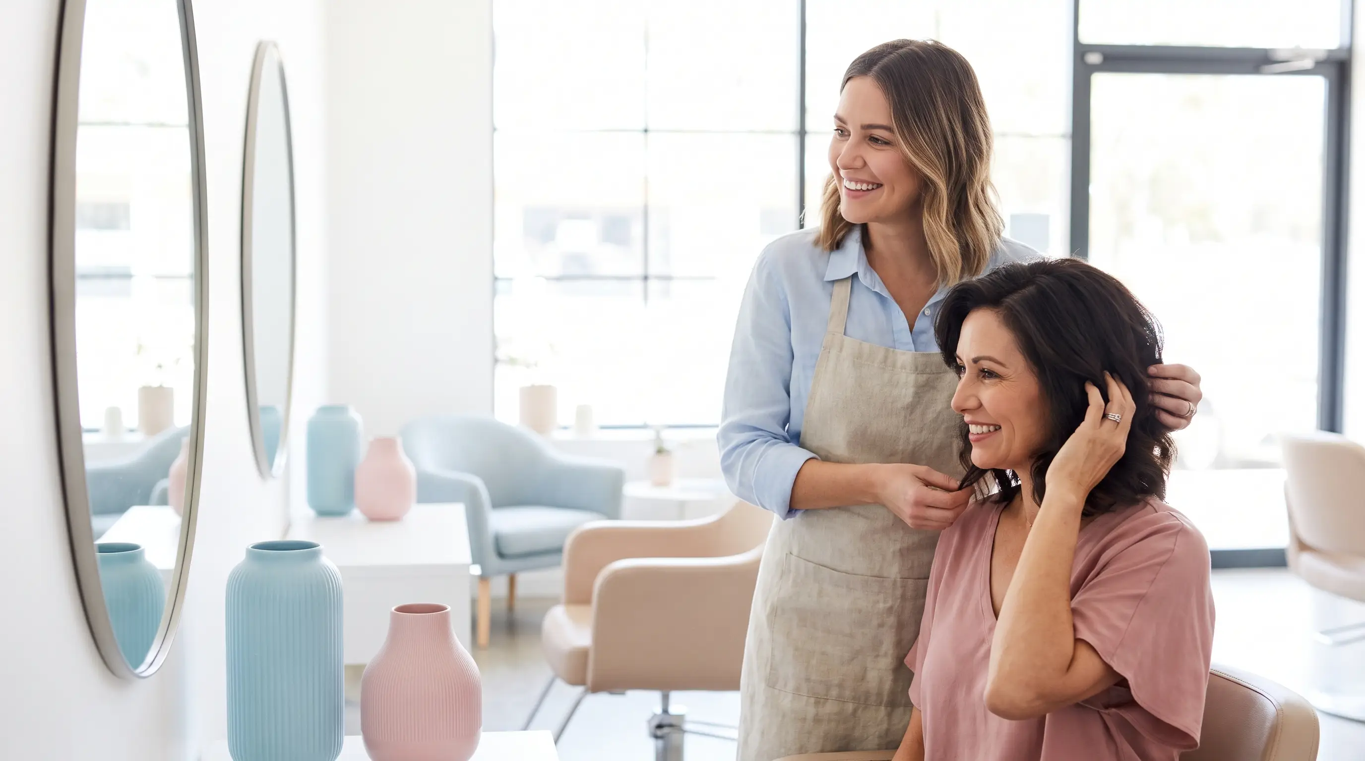 An adult stylist and client reviewing finished work together in a bright neighborhood studio