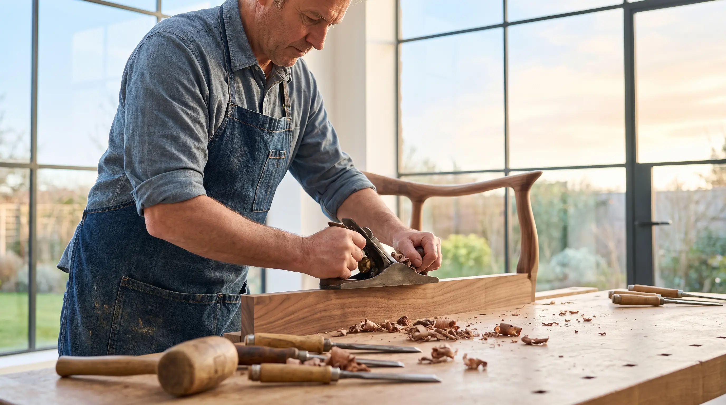 An adult furniture maker carefully hand-planing wood in a sunlit workshop