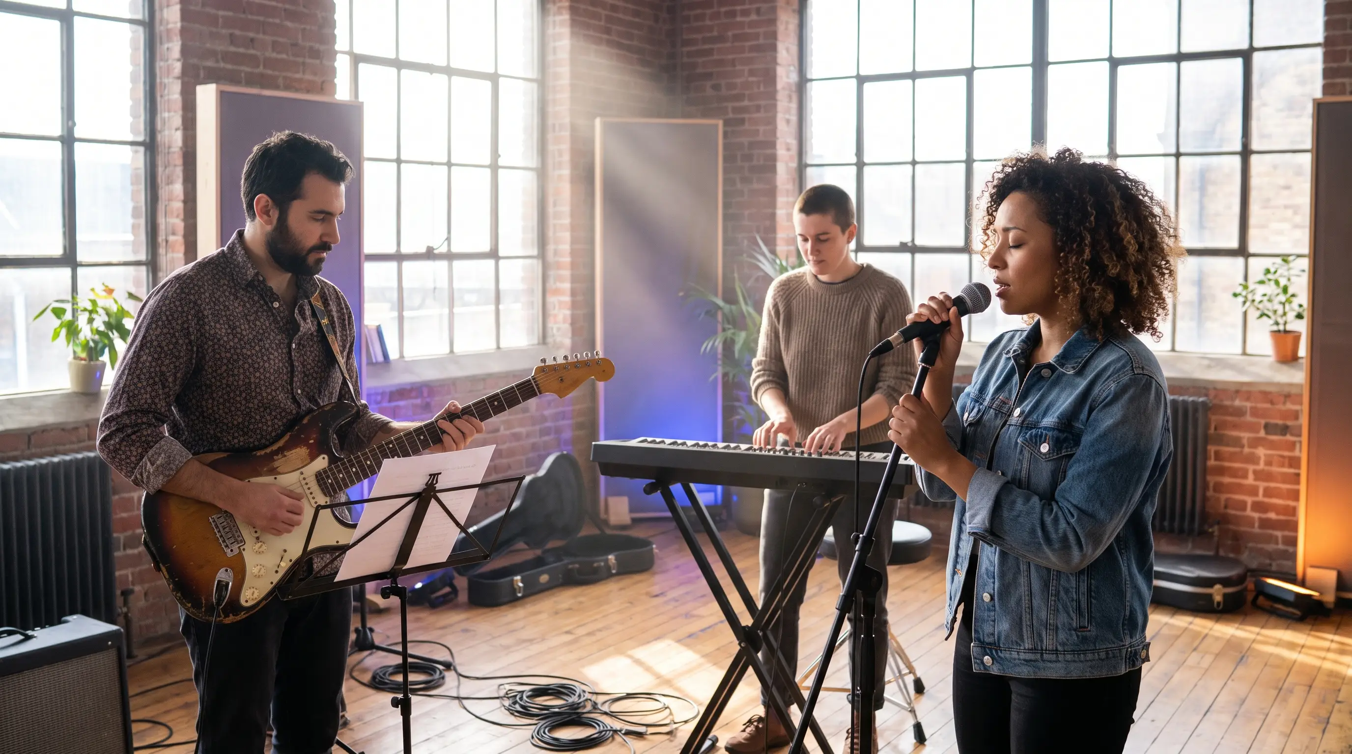 Three adult independent musicians rehearsing together in a bright studio