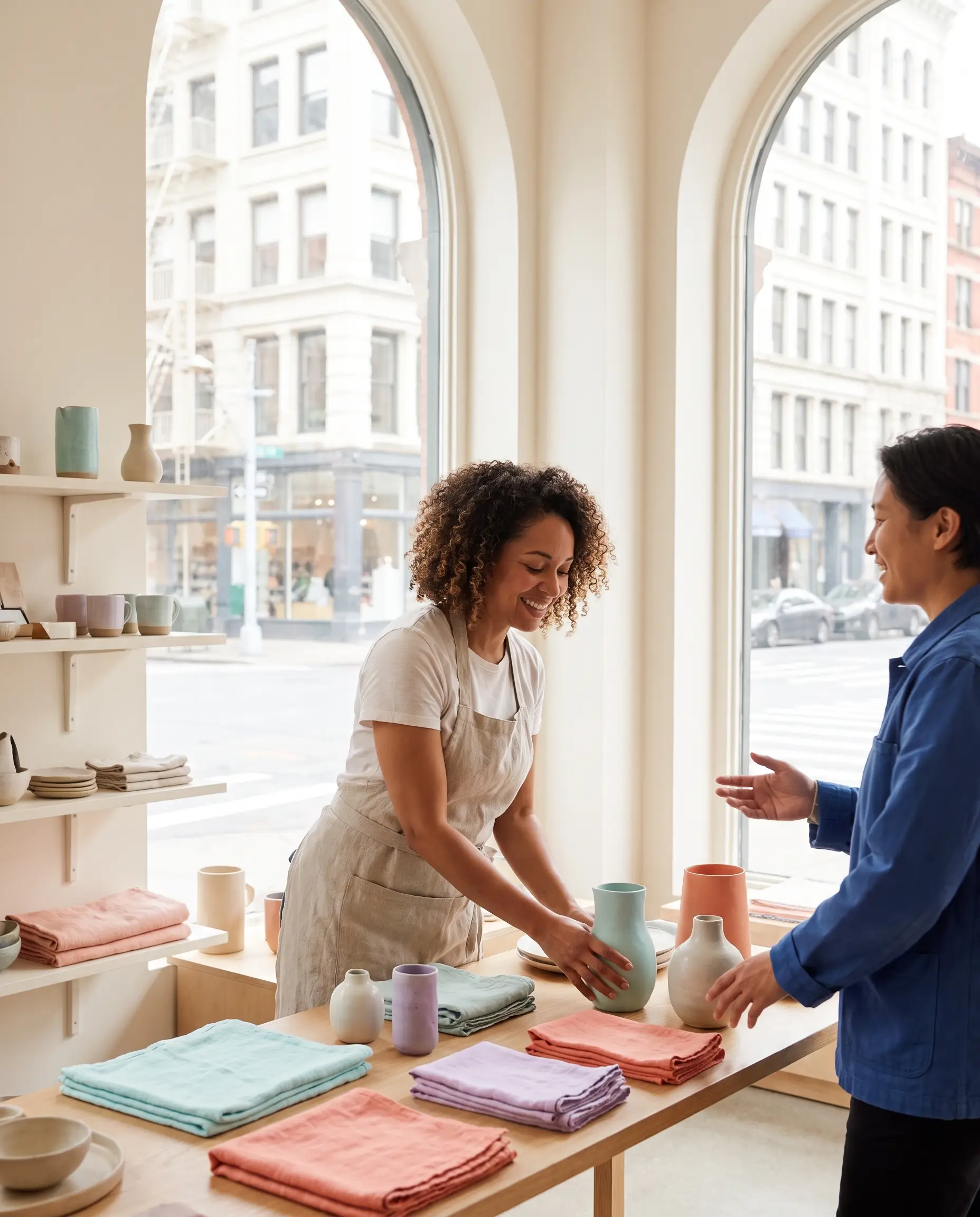 An adult independent shop owner arranging a pastel product display while welcoming an adult customer