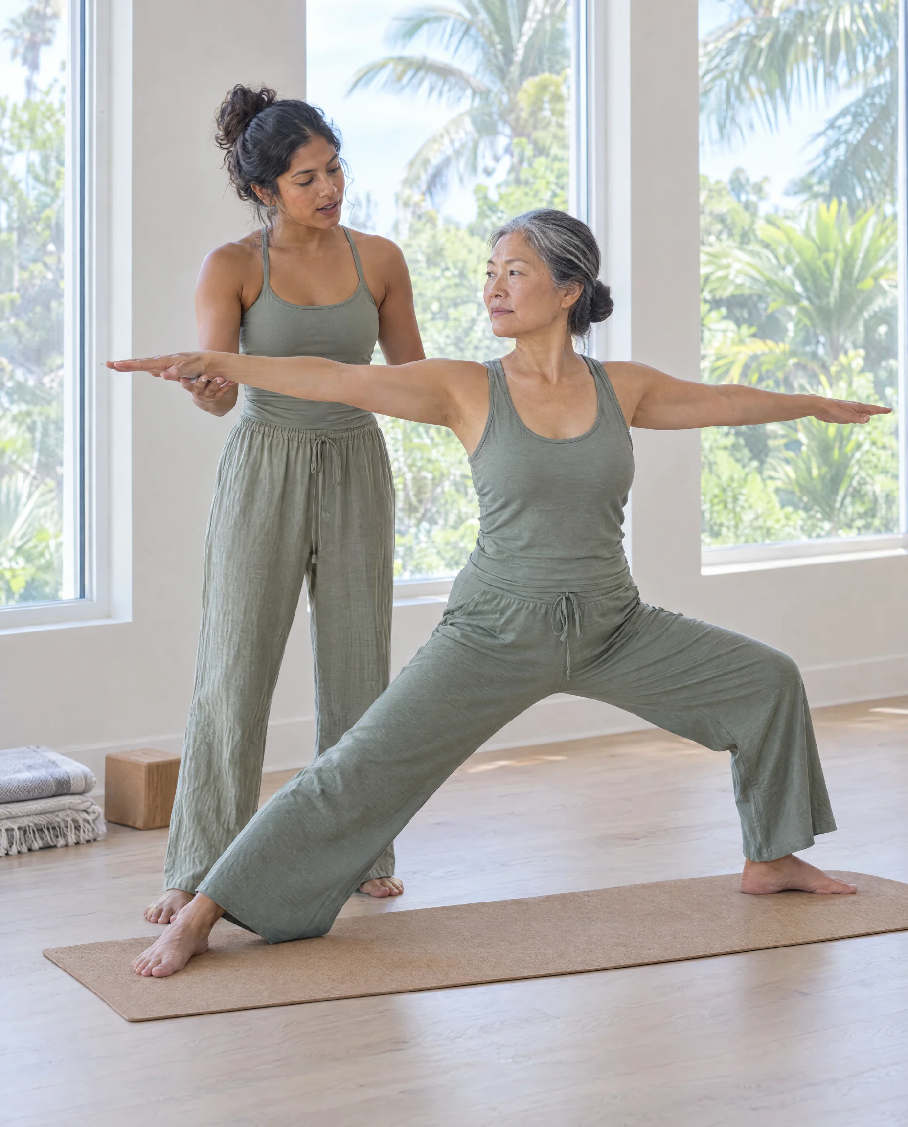 AI-generated illustration, not real people: an adult yoga teacher guides an older adult student's arm in a warrior pose in a sunlit studio